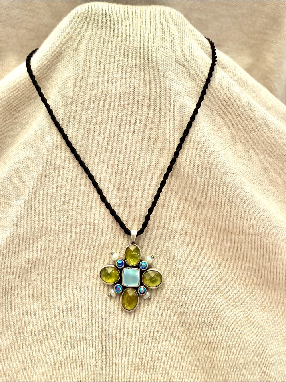 Lia Sophia Green and Blue Stone Cross Pendant Necklace